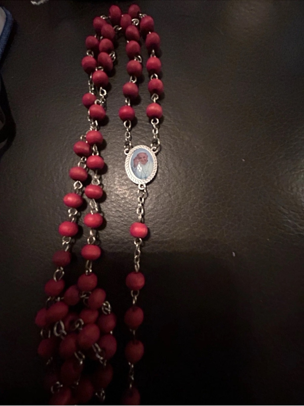 Red Bead Rosary-Style Necklace with Religious Medal